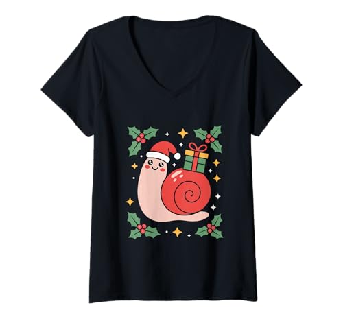 Damen Weihnachtliche Cottagecore Schnecke Mit Santa Mütze T-Shirt mit V-Ausschnitt Damen Weihnachtliche Cottagecore Schnecke Mit Santa Mütze T-Shirt mit V-Ausschnitt von Cottagecore Weihnachten Wald Schnecke Natur