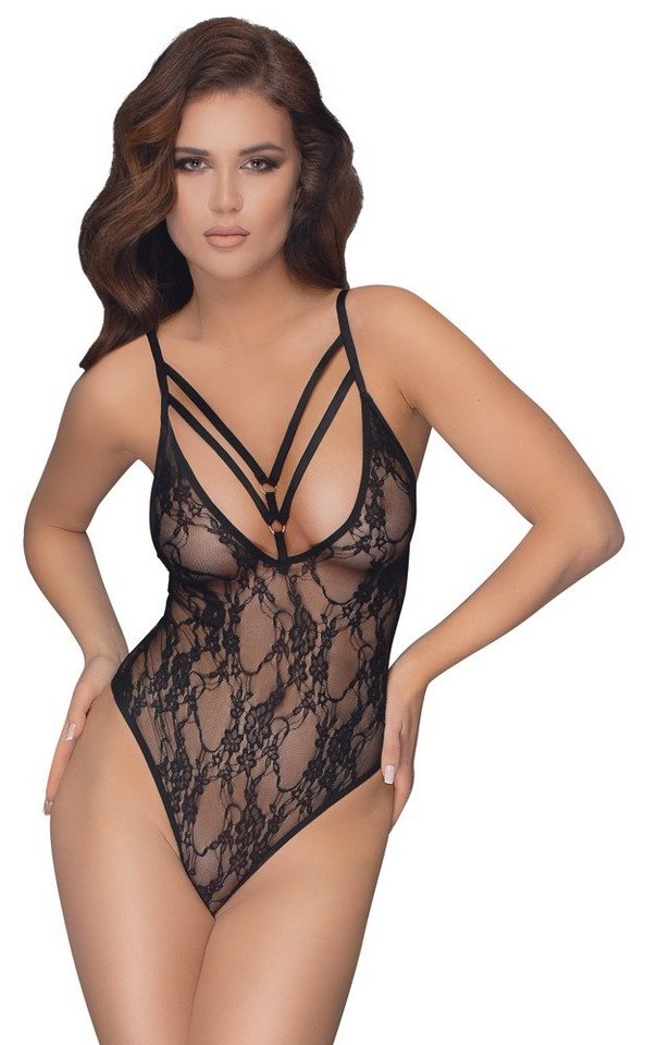 Cottelli Collection Body Transparenter Spitzen-Body - schwarz (1-tlg) Stretchbänder mit Ringen im tiefen Dekolleté von Cottelli Collection