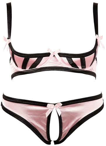 COTTELLI Lingerie - verführerischer Bügel-Hebe BH und Slip für sie, erotische Reizwäsche mit gefütterten Cups und verstellbaren Trägern, Ouvert-Höschen, rosa/schwarz von COTTELLI