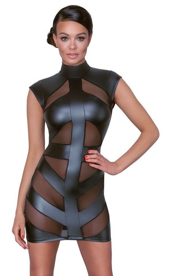 Cottelli Collection Minikleid Wetlook Kleid mit transparenten Streifen - schwarz (1-tlg) Vorne transparente Powernet-Einsätze von Cottelli Collection