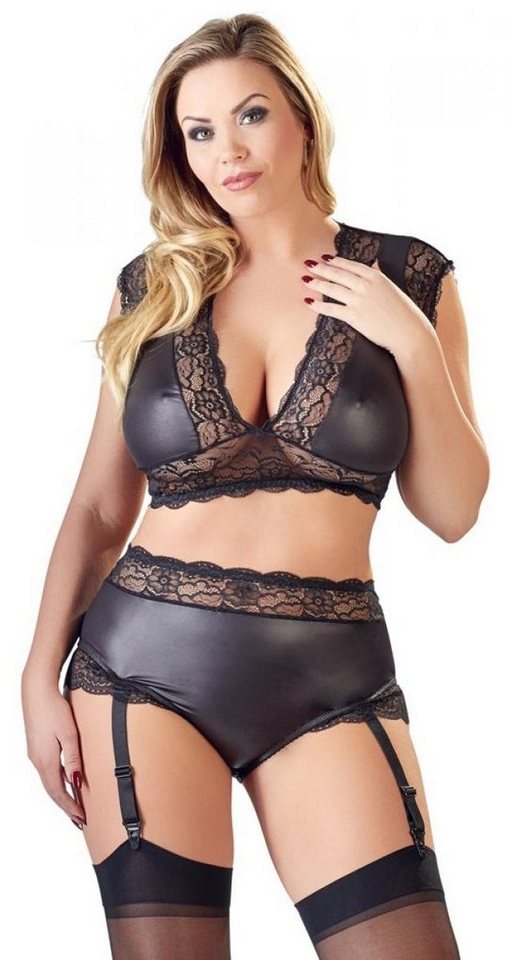 Cottelli Collection Set: Bügelloser BH 2-tlg Wetlook Dessous-Set BH und Slip mit Strumpfhalter Große Größen von Cottelli Collection