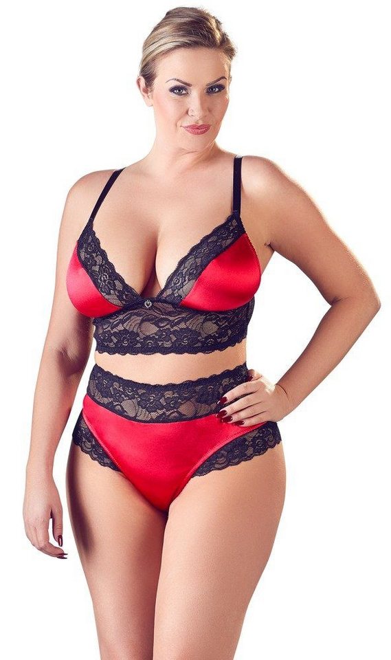 Cottelli Collection Set: Bügelloser BH Dessous-Set Satin-BH-Set mit Spitze Große Größen - schwarz/rot von Cottelli Collection