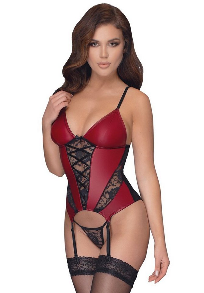 Cottelli Collection Set: Bügelloser BH Strapshemd mit String im Wetlook und Spitze - schwarz, rot (2-tlg) In aufregendem Stoff-Mix! von Cottelli Collection