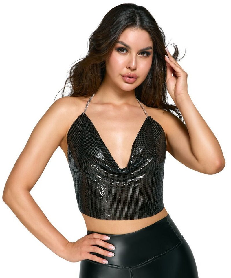 Cottelli Collection Spaghettitop Metall-Top aus Pailetten mit tiefem Ausschnitt - schwarz (1-tlg) Kette im freien Rücken verstellbar von Cottelli Collection