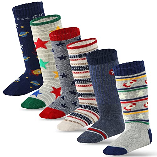 Cottock 6 Paar Kleinkind Jungen ABS Rutschfeste Socken Knie Hoch Baumwolle Griffsocken, Baby Jungen Anti-Rutsch-Socken von Cottock