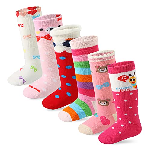 Cottock 6 Paar Kleinkind Mädchen ABS Rutschfeste Socken Knie Hoch Baumwolle Griffsocken, Baby Mädchen Anti-Rutsch-Socken (6 Paar Süß, 0-12 Monate) von Cottock