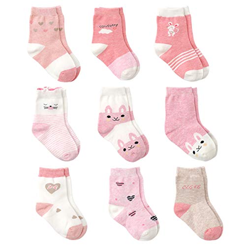 Cotton Coming Rosa Baumwolle Baby Mädchen Socken,9 Paar Süß. Kleinkind Mä dchen Socken mit Griffen (0-6 Monate,EU12-15 von Cotton Coming