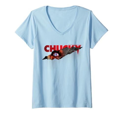 Damen Gruseliges Horroraugen-Design mit Chucky Halloween-Design T-Shirt mit V-Ausschnitt von Cotton Division