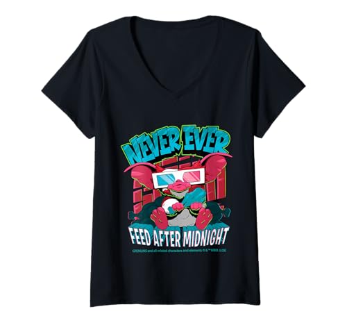 Damen Halloween-Motiv „Never Ever Feed After Midnight Gremlins“ T-Shirt mit V-Ausschnitt von Cotton Division