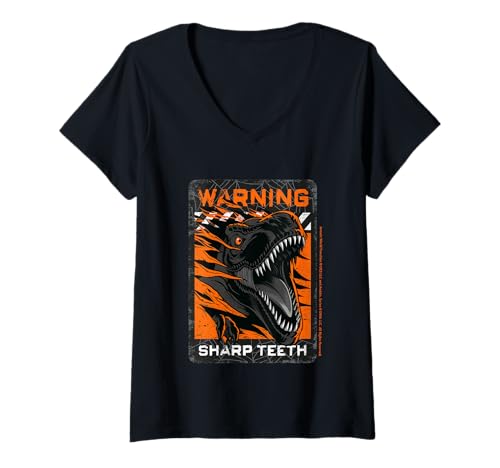 Damen Jurassic Park Halloween Designs Warnung scharfe Zähne T-Shirt mit V-Ausschnitt von Cotton Division