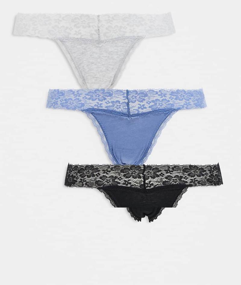 Cotton On - 3er-Pack bequeme Alltags-Tangas aus Spitze in Schwarz, Grau, Blau-Bunt von Cotton On