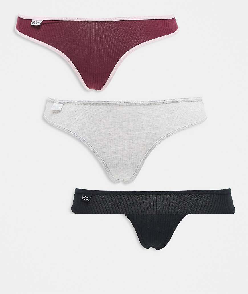 Cotton On - 3er-Pack gerippte Baumwoll-Tangas in Schwarz, Grau, Burgunderrot-Bunt von Cotton On