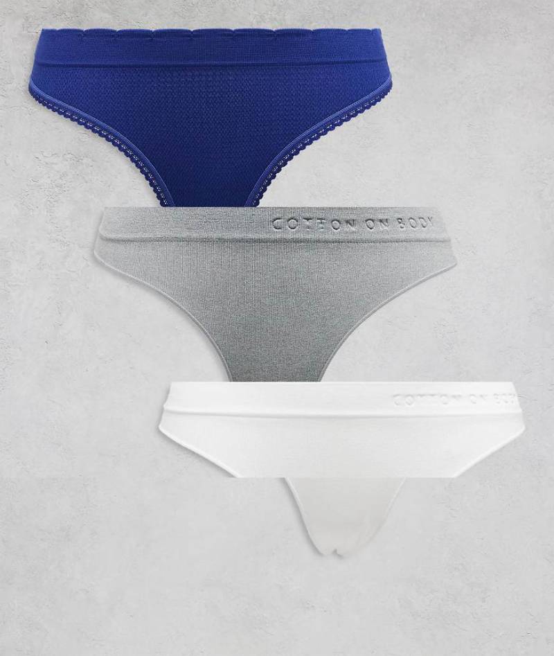 Cotton On - 3er-Pack nahtlose Tangas in Marineblau, Grau und Weiß mit hohem Beinausschnitt-Bunt von Cotton On