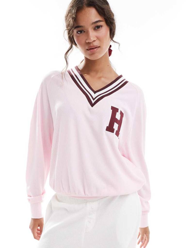 Cotton On - Pyjama-Sweatshirt in Blushing Bride mit Waffelstruktur und V-Ausschnitt-Rosa von Cotton On