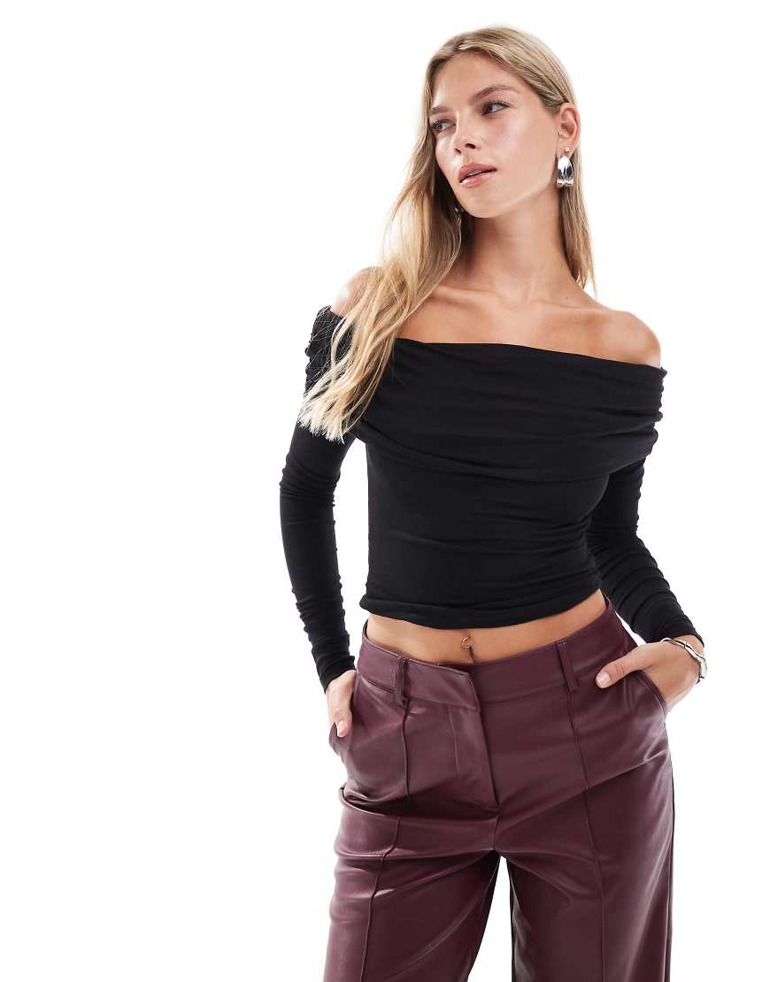 Cotton On - Rhi - Anschmiegsames, langärmliges und schulterfreies Oberteil in Schwarz mit Raffung von Cotton:On