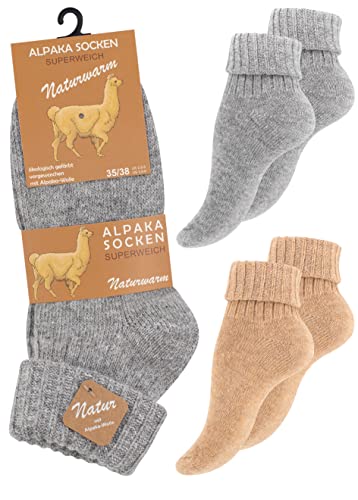 Alpaka Socken, Wollsocken, Wintersocken für Damen & Herren, 2 Paar - Warme Haussocken, Kuschelsocken, hellgrau/beige (Umschlag), Gr. 35-38 von Cotton Prime