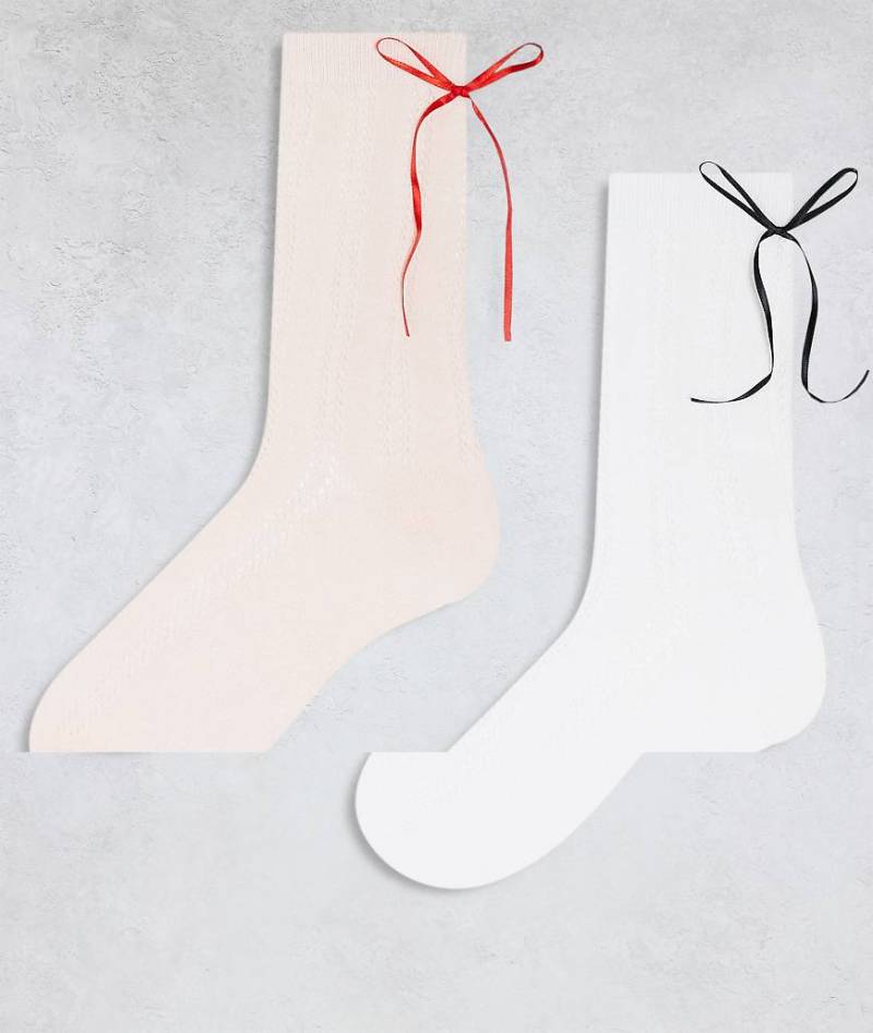 Cotton On - 2er-Pack Crew-Socken in Rosa und Weiß mit Bandschleifen-Detail-Bunt von Cotton:On