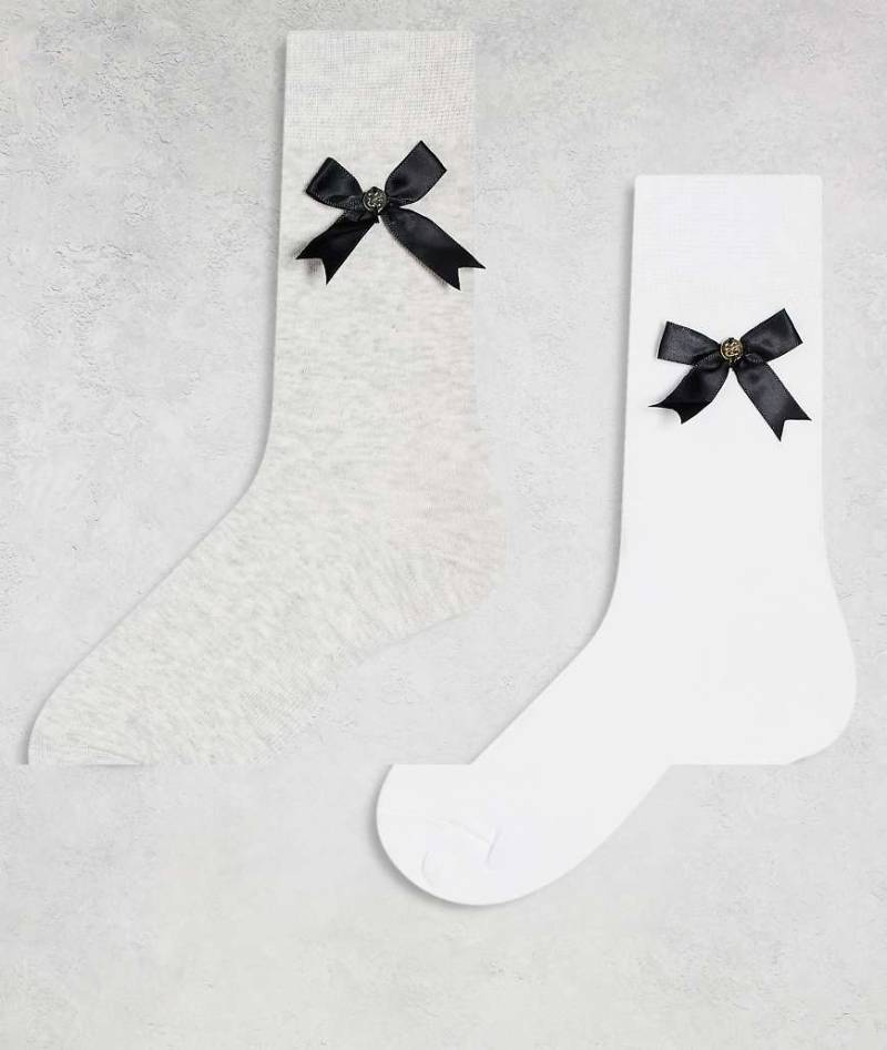 Cotton On - 2er-Pack Crew-Socken in Weiß und zartem Grau mit Schleifendetail-Bunt von Cotton:On