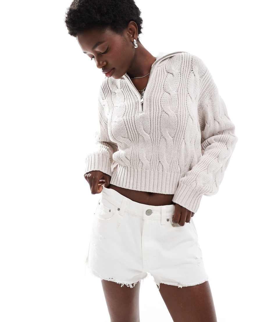 Cotton On - Baumwoll-Pullover in Hellbeige mit Zopfmuster und kurzem Reißverschluss-Neutral von Cotton:On