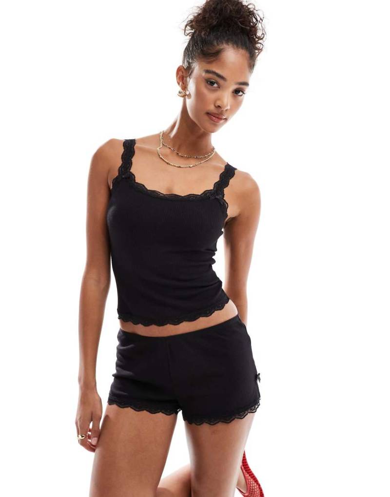 Cotton On - Boyshorts in Schwarz mit Waffelstruktur und Spitzensaum, Kombiteil von Cotton:On