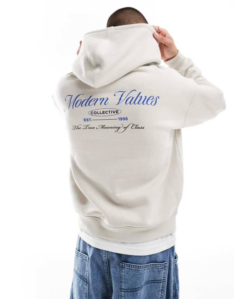 Cotton On - Kastiger Kapuzenpullover in verwaschenem Grau mit „Values"-Print von Cotton:On
