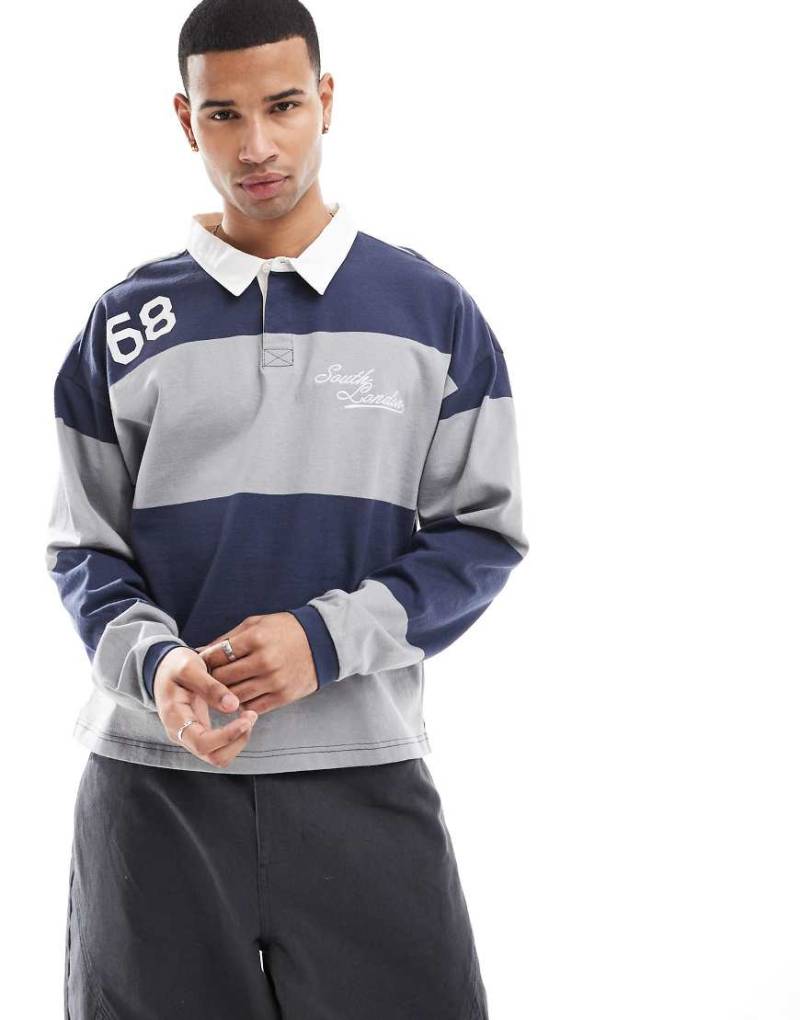 Cotton On - Langärmliges Rugby-Polohemd in Marineblau und Grau gestreift von Cotton On