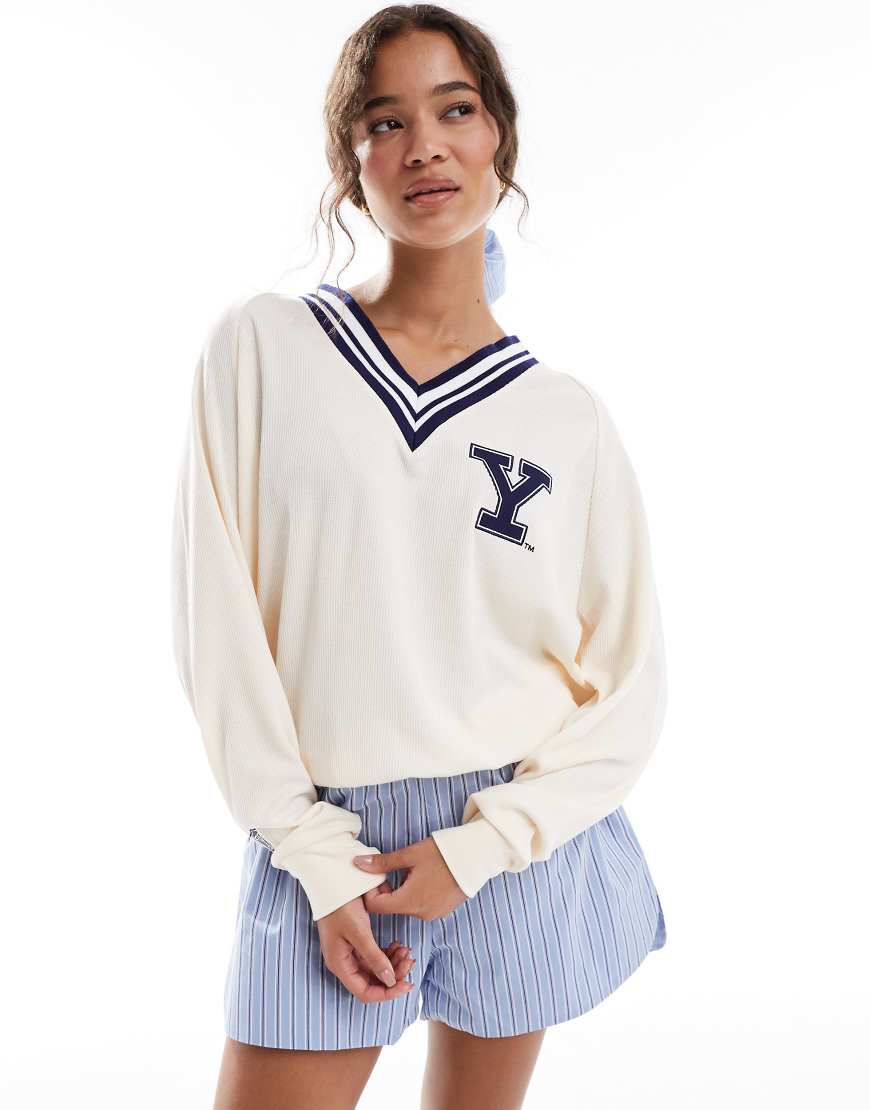 Cotton On - Pyjama-Sweatshirt in meliertem Grau mit V-Ausschnitt und Waffelstruktur von Cotton:On