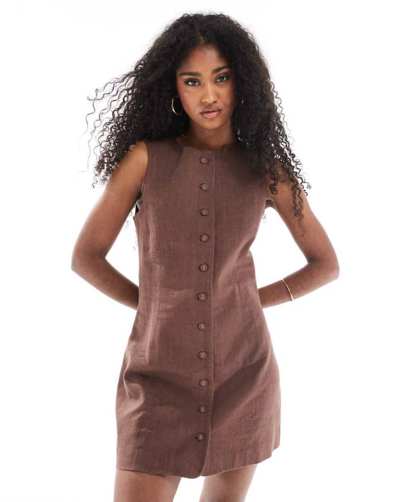 Cotton On - Sienna - Kleid aus Leinen in Schokobraun mit Knopfleiste von Cotton On