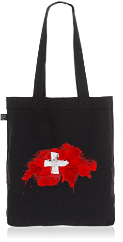 CottonCloud Schweiz Baumwoll-Beutel Einkaufs-Tasche Switzerland Flagge WM EM Sport Festival Fahne Uni Bag, Farbe:Schwarz von CottonCloud