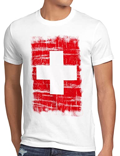 Schweiz Vintage Flagge Herren T-Shirt Switzerland, Größe:XL, Farbe:Weiß von CottonCloud