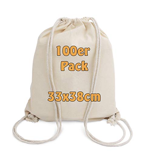 Cottonbagjoe 100 Baumwollrucksäcke für Kinder | klein, 33x38cm | mit Kordelzug, Natur | 33x38cm | Turnbeutel | Jutebeutel von Cottonbagjoe