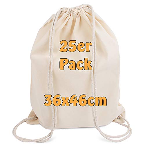 Cottonbagjoe Moderner Turnbeutel Baumwollrucksack Öko-Tex Standard Zertifiziert Stoffbeutel mit Kordelzug BEIGE 36x46cm (natur, 10) von Cottonbagjoe