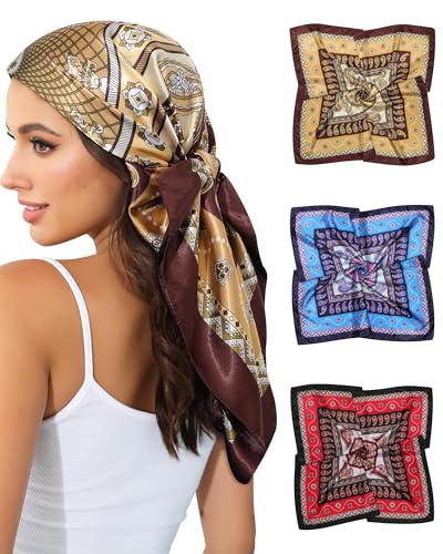 Coubeau 3 Stück Bandana Damen Seidentuch Haare Haartuch Frauen zum binden Halstuch Damen 35” Große Quadratische Kopftuch Damen von Coubeau