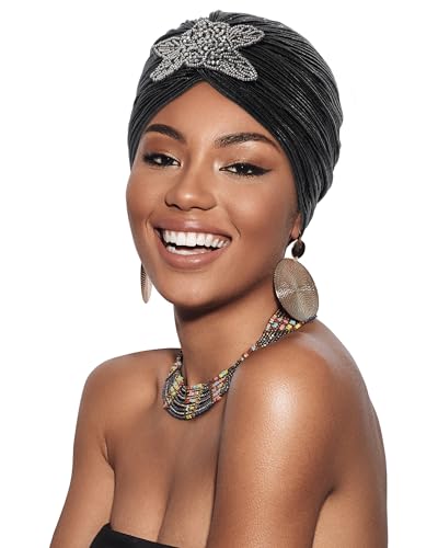 Coubeau Frauen Turban Hut - Gegerbt Gefaltet Turban Hut mit Vier Blättern Blumen Hut mit Ethnischen Stil Zubehör Anti-Haarausfall Chemotherapie Turban Hut von Coubeau
