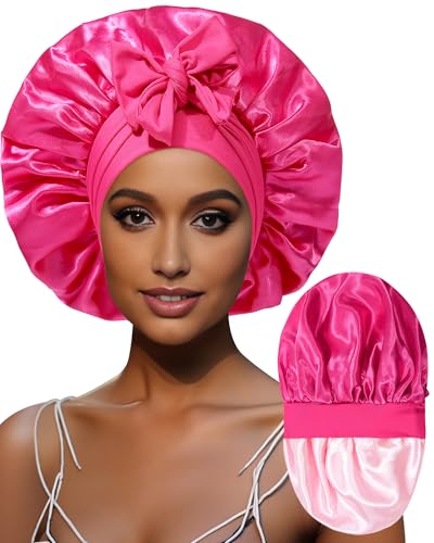 Coubeau Große seidenhaube zum schlafen für Damen Satin-Mütze für Damen Schlafmütze mit lockigem Haar mit Binde-Stirnband wendbare doppellagige Schlafmütze von Coubeau