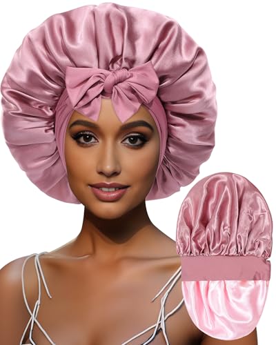 Coubeau Große seidenhaube zum schlafen für Damen Satin-Mütze für Damen Schlafmütze mit lockigem Haar mit Binde-Stirnband wendbare doppellagige Schlafmütze von Coubeau