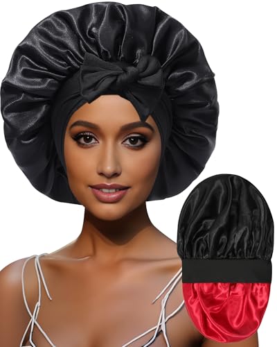 Coubeau Große seidenhaube zum schlafen für Damen Satin-Mütze für Damen Schlafmütze mit lockigem Haar mit Binde-Stirnband wendbare doppellagige Schlafmütze von Coubeau