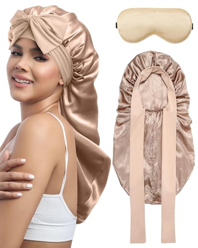 Coubeau Lange Haarhaube zum Schlafen–doppellagige Satinhaube mit langem elastischem Bindeband für Damen mit Schlafaugenmaske von Coubeau