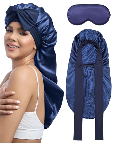 Coubeau Lange Haarhaube zum Schlafen–doppellagige Satinhaube mit langem elastischem Bindeband für Damen mit Schlafaugenmaske von Coubeau