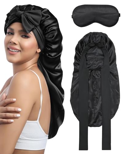 Coubeau Lange Haarhaube zum Schlafen–doppellagige Satinhaube mit langem elastischem Bindeband für Damen mit Schlafaugenmaske von Coubeau