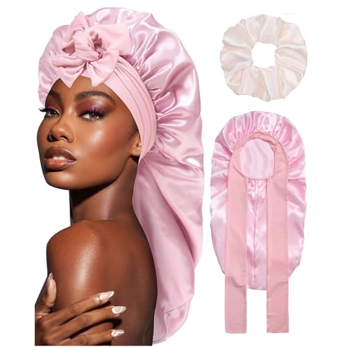 Coubeau Lange Schlafmütze Satin Bonnet - Seidenhaube zum Schlafen Nacht Schlaf Mütze Verstellbare Schlafkappe Kopfbedeckung Weiche Kopfhaube Schlafhaube Seide mit Gummizug für Damen und Mädchen von Coubeau