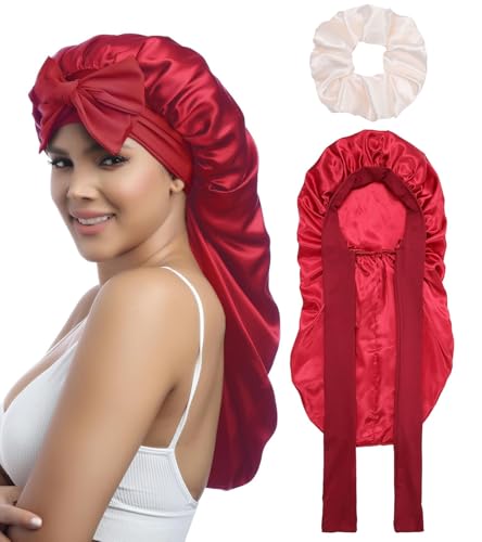 Coubeau Lange Schlafmütze Satin Bonnet - Seidenhaube zum Schlafen Nacht Schlaf Mütze Verstellbare Schlafkappe Kopfbedeckung Weiche Kopfhaube Schlafhaube Seide mit Gummizug für Damen und Mädchen von Coubeau
