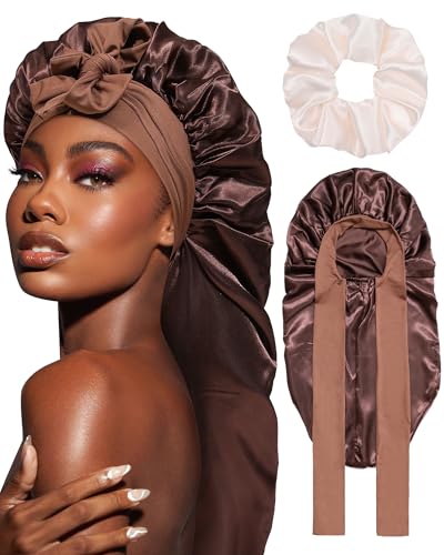 Coubeau Lange Schlafmütze Satin Bonnet - Seidenhaube zum Schlafen Nacht Schlaf Mütze Verstellbare Schlafkappe Kopfbedeckung Weiche Kopfhaube Schlafhaube Seide mit Gummizug für Damen und Mädchen von Coubeau