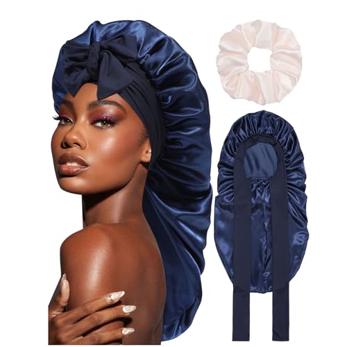 Coubeau Lange Schlafmütze Satin bonnet - Seidenhaube zum Schlafen Nacht Schlaf Mütze Verstellbare Schlafkappe Kopfbedeckung Weiche Kopfhaube Schlafhaube Seide mit Gummizug für Damen und Mädchen von Coubeau
