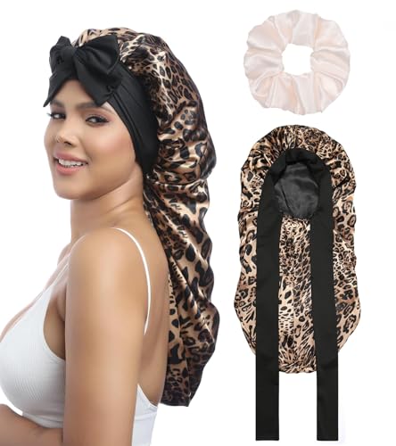 Coubeau Lange Schlafmütze Satin bonnet - Seidenhaube zum Schlafen Nacht Schlaf Mütze Verstellbare Schlafkappe Kopfbedeckung Weiche Kopfhaube Schlafhaube Seide mit Gummizug für Damen und Mädchen von Coubeau