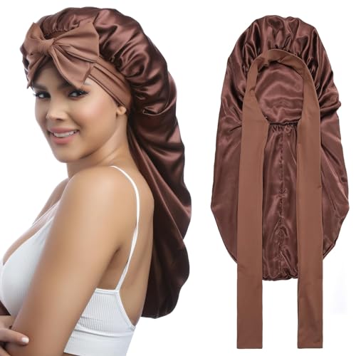 Coubeau Schlafmütze Satin Bonnet-Weite elastische Schlafhaube mit breitem Band, ideal zur Pflege von Langen Haaren - Seidiges Design für Frauen von Coubeau