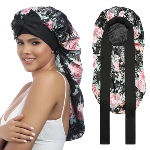 Coubeau Schlafmütze Satin Bonnet-Weite elastische Schlafhaube mit breitem Band, ideal zur Pflege von langen Haaren - Seidiges Design für Frauen von Coubeau
