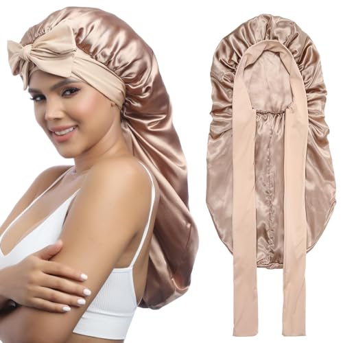 Coubeau Schlafmütze Satin Bonnet-Weite elastische Schlafhaube mit breitem Band, ideal zur Pflege von langen Haaren - Seidiges Design für Frauen von Coubeau