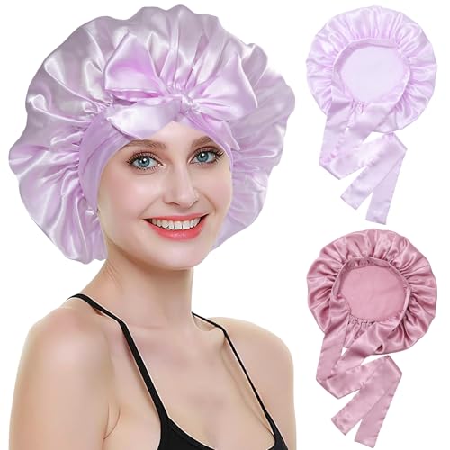 Coubeau Schlafmütze Satin Bonnet für Damen – 2 Stück Schlafhaube Seide Verstellbare Satin Haarhaube Atmungsaktive Haarhaube Silk Bonnet Schlafmütze für Damen und Mädchen von Coubeau