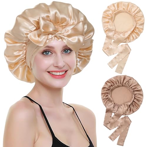 Coubeau Schlafmütze Satin Bonnet für Damen – 2 Stück Schlafhaube Seide Verstellbare Satin Haarhaube Atmungsaktive Haarhaube Silk Bonnet Schlafmütze für Damen und Mädchen von Coubeau